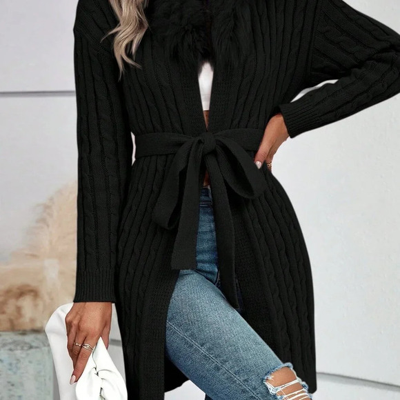 Black Casual Women's Fluffy Knot Detail Long Sleeve Cardigan - Picture 5 of 6